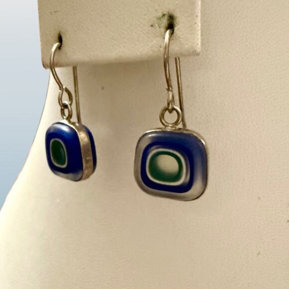Handcrafted Blue & Green Fused Glass Silver Drop Earrings - Picture 4 of 7